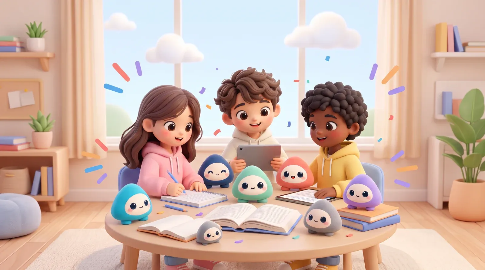 Three students revise together around a table with the Tamy family