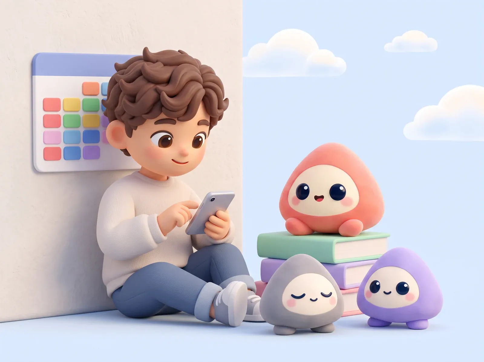 A student relaxes with his phone next to three Tamys sitting on a stack of books